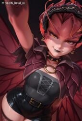 ai_dota_ai ai_generated arm_up artist_name belt black_shorts breasts choker collarbone colored_skin cowboy_shot dark_willow dota_2 earrings female fishnet_thighhighs fishnets goth hairband jewelry looking_at_viewer mireska_sunbreeze_the_dark_willow monster_girl orange_eyes pointy_ears red_eyes red_skin shiny_clothes shiny_skin short_hair shorts smile solo thighhighs wings