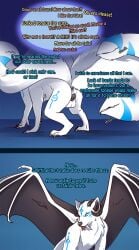 2020 all_fours anthro anus balls black_wings blue_eyes blue_markings chimera colored comic english_text etis fangs feral forked_tongue fur furry genitals herm horn intersex markings multi_tail nude pussy quadruped sabertooth_(anatomy) sequence solo standing strawberrytfs tail tail_mouth teeth text tongue tongue_out transformation transformation_sequence unusual_anatomy unusual_tail white_body white_fur wing_eyes wings