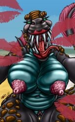 absurd_res anthro beach big_breasts black_body blue_body blue_countershading breasts countershading dinosaur english_text female genitals hi_res lips lipstick lokidragon87 looking_at_viewer makeup nipples non-mammal_breasts prehistoric_species pussy reptile scalie solo spinosaurid spinosaurus text theropod tongue tongue_out