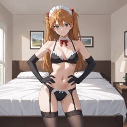 1girls ai_generated arms_akimbo asuka_langley_sohryu bed bedroom bra copyright_request garter_straps gloves happy looking_at_viewer maid_headdress panties smiling_at_viewer solo stockings underwear_only