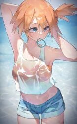 armpits arms_up bandeau bikini bikini_under_clothes blue_eyes blue_shorts breasts crop_top denim denim_shorts female hair_tie hair_tie_in_mouth highres kasumi_(pokemon) midriff mouth_hold navel nintendo orange_hair pokemon pokemon_lgpe rindoriko shirt short_hair short_shorts shorts side_ponytail solo swimsuit wet wet_clothes white_shirt