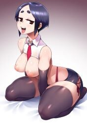 absurdres black_gloves black_hair black_shorts black_thighhighs breasts breasts_out brown_eyes criss-cross_strings crop_top elbow_gloves female full_body gloves heart heart_o-ring highleg highleg_panties highres inverted_nipples leaning_forward o-ring original panties raised_eyebrows red_panties ryuusei_(mark_ii) short_hair short_shorts shorts sitting solo thick_eyebrows thick_thighs thighhighs thighs underwear variant_set
