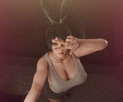 1girls 3d 4k akali big_breasts black_hair breasts bunny_ears covering_face league_of_legends light-skinned_female peace_sign red_eyes ryanreos selfie selfie_pose woudlwonker819