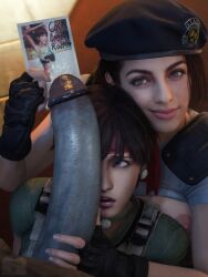 1boy 2girls 2girls1boy 3d 3d_(artwork) areolae assisted_fellatio before_oral biohazard blue_eyes brown_hair capcom centerfoldersfm clothed clothing cock_worship cum female grey_skin hat headband heroine huge_cock jill_valentine jill_valentine_(julia_voth) large_breasts light-skinned_female light_skin long_hair looking_at_viewer looking_up male maledom medium_breasts mr_x multiple_girls nail_polish nails nipples no_bra open_mouth penis penis_awe pov rebecca_chambers resident_evil resident_evil_0 resident_evil_3 resident_evil_3_remake resident_evil_remake short_hair smile teamwork teeth threesome tyrant umbrella_rpd vein veiny_penis