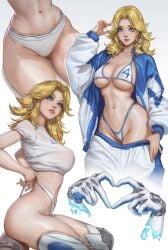 absurdres ass big_breasts blonde_female blonde_hair blonde_hair blondynkitezgraja blue_eyes bodysuit breasts cameltoe earings fantastic_four female gloves heart_hands heart_symbol highres jewelry large_breasts long_hair looking_at_viewer marvel marvel_rivals panties smile solo sue_richards sue_storm thick_thighs thighs two_tone_bodysuit underwear