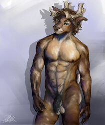 2015 5_fingers abs anthro antlers athletic balls black_penis brown_fur brown_hair brown_nose cervine deer fur grin hair half-erect horn humanoid_penis killianwalker looking_at_viewer male male_only mammal multicolored_fur muscular nipples nude penis pose pubes sagging_balls shadow simple_background smile smirk solo standing two_tone_fur vein white_background