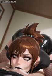 1boy 1girl ai_dota_ai ai_generated all_the_way_to_the_base black_lips black_shirt blowjob blurry blurry_background breasts brown_eyes brown_hair collar cum cum_in_mouth cum_overflow deepthroat deepthroat_no_hands dota_2 earrings eyeliner eyeshadow fellatio female fishnet_thighhighs fishnets goth goth_girl indoors irrumatio jewelry latex lipstick looking_up makeup marci marci_(dota) mascara oral penis ponytail pov punk rolling_eyes runny_makeup saliva shirt solo_focus spiked_bracelet spiked_collar spikes straight studded_choker studded_collar thighhighs