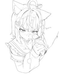 1boy ahoge aisu_koffie animal_ear_fluff animal_ears cat_ears closed_mouth cum cum_on_body cum_on_hair english_text erection facial female greyscale hair_ornament handjob heart heart_ahoge heart_hair_ornament highres indie_virtual_youtuber long_sleeves looking_at_viewer monochrome penis pout second-party_source simple_background solo_focus straight thernz two-handed_handjob uncensored upper_body white_background x_hair_ornament