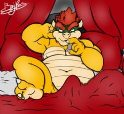 1boy 2017 3_toes bed bed_sheet bedding belly benjipaws big_belly bowser bulge convenient_censorship erection erection_under_blanket feet hair koopa lying male male_only mario_(series) nintendo on_back on_bed overweight phone pillow red_hair scalie signature solo toes video_games