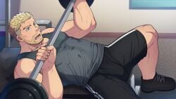 1boy armpit_hair bara barbell beard biceps blonde_hair blue_eyes blurry_background bulge bulge_through_clothing chest_hair daddy dilf erect_nipples frown fully_clothed futase_hikaru gay gym hi_res holding_object indoors leg_hair lunatique lying lying_on_back male male_only manly mature_male muscles muscular muscular_arms muscular_male nipples_visible_through_clothing offscreen_character open_mouth original original_character pecs shaved_side shoes short_hair shorts sideburns sneakers spread_legs sweat sweat_pool sweatdrop sweating sweaty tanktop thick_eyebrows tough_guy triceps veiny_arms weightlifting wet_clothes yaoi