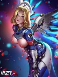 beret blizzard_entertainment blonde_hair blue_eyes breasts combat_medic_ziegler exposed_breasts liang_xing mechanical_wings mercy nurse overwatch patreon_username wings