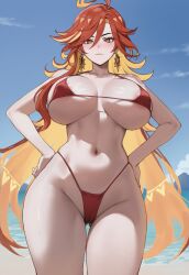 1girls ai_assisted ass ass_visible_through_thighs bikini blush breasts earrings genshin_impact hands_on_hips highleg huge_breasts mavuika_(genshin_impact) red_bikini red_eyes thick_thighs thigh_gap truck-kun_art truck_kun
