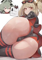 2girls ass ass_focus big_ass big_breasts big_thighs blonde_hair blush breasts burnice_white caesar_king dialogue female female_focus female_only gigantic_breasts huge_ass huge_breasts huge_thighs kim_somang looking_at_viewer pussy red_eyes skirt tagme text thick_hips thick_thighs thighhighs thighs twintails white_background zenless_zone_zero