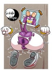 absurd_res anthro anus ass avian beak big_butt bird blue_eyes border bottomwear bracelet clothing eyelashes eyewear eyewear_on_head feathers female footwear genitals glory_wall gloves handwear hi_res hirundinid jewelry kerchief oscine pants passerine photo purple_anus purple_body purple_feathers pussy sega seikatsueclipse shoes solo sonic_riders sonic_the_hedgehog_(series) stuck sunglasses sunglasses_on_head swallow_(bird) tail tail_feathers through_wall torn_bottomwear torn_clothing torn_pants wave_the_swallow white_border white_bottomwear white_clothing white_gloves white_handwear white_kerchief white_pants