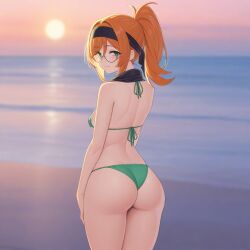 ai_generated bandana bikini breasts butt_focus ginger glasses green_eyes ponytail small_breasts thighs