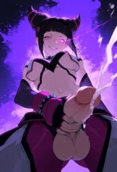 1futa abstract_background ai_generated black_hair breasts cum ejaculation evil_grin fingerless_gloves futa_masturbation glowing_eyes hair_horns irofox juri_han masturbation navel penis penis_towards_viewer purple_eyes purple_theme solo street_fighter street_fighter_6 taker_pov testicles uncensored