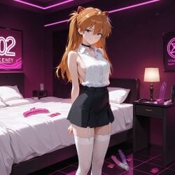 ai_generated asuka_langley_sohryu bed bra breasts choker condom dildo femdom panties shirt sideboob solo stockings