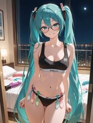 1girls ai_generated bed breasts dildo glasses happy hatsune_miku medium_breasts netorare panties smiling_at_viewer solo sports_bra standing twintails used_condom used_condoms_belt
