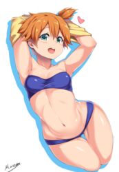 :d aqua_eyes armpits arms_up artist_name ass_visible_through_thighs bandeau bare_shoulders bikini blue_bikini blush breasts cropped_legs female hair_between_eyes heart highres human human_only kasumi_(pokemon) looking_at_viewer moisture_(chichi) navel one_side_up open_mouth orange_hair pokemon pokemon_(anime) shirt_lift shirt_over_head simple_background small_breasts smile solo swimsuit thigh_gap undressing