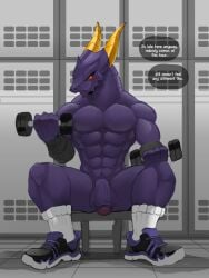 2022 abs anthro bakugan blush bottomwear clothed clothing digital_media_(artwork) dragon dumbbell english_text exercise flaccid footwear genitals hi_res holding_dumbbell holding_object horn humanoid_genitalia humanoid_penis male mostly_nude muscular muscular_anthro muscular_male mythological_creature mythological_scalie mythology pantsless pecs penis percival_(bakugan) purple_body purple_penis red_eyes scalie sellon shoes shorts sitting sneakers socks solo spread_legs spreading text thought_bubble topless topless_anthro topless_male weightlifting weights workout yellow_horn