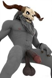 3d ai_generated anus bara black_choker brown_horns brown_penis buff collar gay goatee gray_body gray_fur handsome long_bearded old_man sagging_balls sfm skull_mask solo wendigo white_background white_eyes