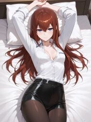 ai_generated arms_up cleavage laying_on_bed makise_kurisu shirt shorts solo stockings