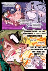 2_panel_comic anthro antlers ass big_butt big_penis bite_mark_on_arm bite_mark_on_shoulder blonde_hair blush blush_lines bodily_fluids bottom_heavy brown_body brown_fur clothing comic cum cum_drip cum_in_mouth cum_inside cum_on_face deer demi_(gat0pussy24) dialogue dot_eyes dripping eddy_(gat0pussy24) english_text erection fangs femboy fur gat0pussy24 genital_fluids genitals green_hair grey_body grey_fur grey_hair hair hi_res horn huge_butt huge_cock humanoid_genitalia humanoid_penis humor lagomorph lake_(gat0pussy24) leporid long_hair male mammal nonbinary_(lore) nude pear-shaped_figure penis procyonid rabbit raccoon raccoon_tail_hair shirt simple_eyes size_difference slightly_chubby slightly_chubby_anthro slightly_chubby_male small_dom_big_sub smile smirk smug smug_face smug_grin speech_bubble stubble t-shirt tan_body tan_fur teapot_(body_type) tears teary_eyes teeth text thick_thighs topwear vein veiny_penis walk-in wide_eyed wide_hips