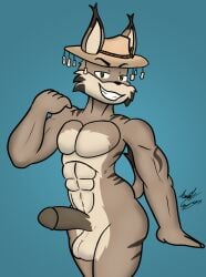 2025 abs anthro balls clothing digital_media_(artwork) drake_(thizorac) erection felid feline fur genitals green_eyes hat headgear headwear hi_res isaiahtse looking_at_viewer lynx male mammal muscular muscular_anthro muscular_male nude pecs penis smile solo tail teeth