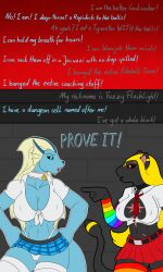 anthro argument big_breasts breasts camel_toe clothing collar dialogue duo eeveelution female generation_1_pokemon generation_2_pokemon gesture hair hand_gesture hi_res nintendo nipple_outline panties pointing pointing_at_another pokemon pokemon_(species) spacemoth tail umbreon underwear vaporeon