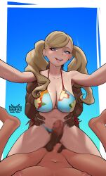 2boys :d absurdres ann_takamaki bikini blonde_hair blue_bikini blue_eyes blue_sky blur_censor breasts censored cleavage collarbone dark-skinned_male dark_skin dude-doodle-do earrings erection female floral_print_bikini highres interracial jewelry large_breasts large_penis looking_at_viewer multiple_boys navel netorare ntr open_mouth penis penis_size_difference persona persona_5 pov pov_crotch sky small_penis smile stud_earrings swimsuit testicles twintails
