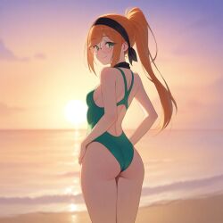 ai_generated ass bandana breasts butt_focus ginger glasses green_eyes one-piece_swimsuit ponytail small_breasts thighs