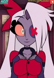 animated blush blushing_at_viewer bow_in_hair breasts censored flashing_breasts hazbin_hotel looking patreon_logo uzzi-ponydubberx vaggie_(hazbin_hotel) white_hair