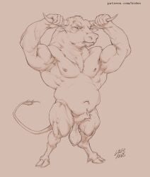 animal_genitalia anthro balls bovid bovine cattle front_view full-length_portrait fully_sheathed genitals head_tuft hi_res laser_(artist) male mammal monochrome mouth_closed musclegut muscular muscular_anthro muscular_male narrowed_eyes nude pecs portrait saggy_balls sheath signature simple_background solo standing text tuft url