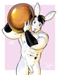 2025 abs anthro arm_tuft armwear armwear_only balls bgn biceps black_sclera border clothing deltoids easter easter_bunny easter_egg egg elbow_tuft facial_hair flaccid foreskin front_view genitals goatee golden_egg hair hi_res holidays lagomorph leporid looking_aside male mammal manly mostly_nude multicolored_hair muscular navel nipples nude pecs penis pink_background rabbit sideburns simple_background solo triceps tuft uncircumcised white_border