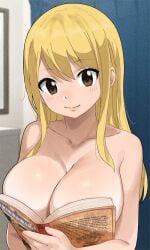 big_breasts blonde_hair blonde_hair_female book book_covering_breasts breasts fairy_tail flushed flushed_face gaston18 looking_at_viewer lucy_heartfilia ouch_meme smile