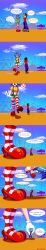 1boy 1girl1boy 1girls background_sky big_female big_female_small_male blue_hair breaking_the_fourth_wall cartoon_physics clown_costume clown_girl clown_makeup clown_nose clown_slut comic_page curvy curvy_figure dialogue emil-inze english_text female gentle_giant giant_female giantess giggles_the_slutty_clown grabbing_body growing hair_ribbon huge_legs long_socks male micro_in_hand original_character original_characters red_heels red_lips red_lipstick red_ribbon smaller_male speech_bubble text text_bubble tricked voluptuous walking walking_towards_viewer white_gloves