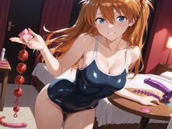ai_generated anal_beads asuka_langley_sohryu bed condom dildo femdom happy school_swimsuit solo standing