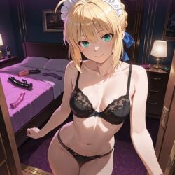 1girls ai_generated bed dildo femdom happy maid saber school_swimsuit sitting solo standing