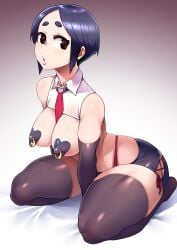 absurdres black_gloves black_hair black_shorts black_thighhighs brown_eyes covered_erect_nipples criss-cross_strings crop_top elbow_gloves female full_body gloves heart heart_o-ring heart_pasties highleg highleg_panties highres leaning_forward nipple_piercing nipple_rings o-ring original panties pasties piercing puckered_lips raised_eyebrows red_panties ryuusei_(mark_ii) short_hair short_shorts shorts sitting solo thick_eyebrows thick_thighs thighhighs thighs underwear variant_set