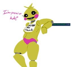 4th_wallbreak animatronic animatronic_female bib breasts curvy eyelashes female five_nights_at_freddy's five_nights_at_freddy's_2 looking_at_viewer pink_short_shorts robot_girl self_aware simple_background smug solo text toy_chica_(fnaf) white_pupils yellow_skin