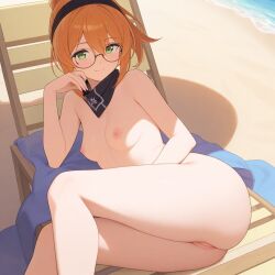 ai_generated ass bandana beach_chair breasts ginger glasses green_eyes innie_pussy naked ponytail small_breasts thighs