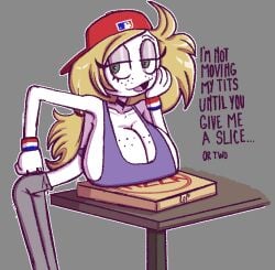 1girls ashley_(honeymapache) blonde_hair breasts cleavage clothed female freckles freckles_on_breasts hat headwear honeymapache huge_breasts pizza skinny slender_body small_ass solo_female stickman talking_to_viewer tank_top text top_heavy
