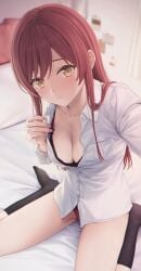 1girls black_bra black_socks blush bra bra_peek breasts cleavage collarbone collared_shirt dress_shirt highres idolmaster idolmaster_shiny_colors indoors kneehighs long_hair looking_at_viewer medium_breasts mikazuchi_zeus nail_polish no_shoes on_bed osaki_amana panties parted_lips partially_unbuttoned red_hair red_panties shirt sitting socks solo sweatdrop swept_bangs unbuttoned underwear wariza white_shirt yellow_eyes