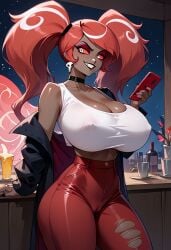 1girls ai_generated alternate_breast_size big_breasts breasts busty cameltoe cleavage curvaceous curvaceous_female curvaceous_figure curvy dark-skinned_female dark_skin demon earings female hazbin_hotel huge_breasts jewelry large_breasts massive_breasts midriff patmmp0102 pink_hair sideboob skull_earrings solo tanktop teeth twintails twintails_(hairstyle) velvette white_eyes white_highlights