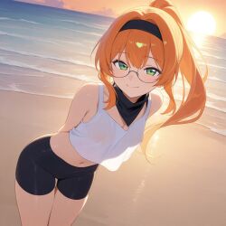 ai_generated bandana bike_shorts breasts ginger glasses green_eyes ponytail small_breasts tank_top thighs