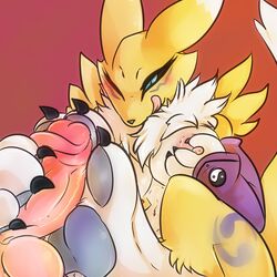 anthro blonde_hair blush breast_grab breasts digimon feet female foot_fetish foot_focus footjob furry hair hand_on_breast male paws pawsitively penis renamon sex simple_background straight tongue tongue_out