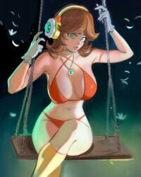 1girls absurdres alternate_costume bikini breasts brown_hair choker collarbone crown english_commentary flipped_hair flower flower_necklace gloves headphones highres large_breasts looking_at_viewer mario_(series) medium_hair mkchainsaw navel on_swing orange_bikini princess_daisy sitting solo swimsuit swing thighhighs
