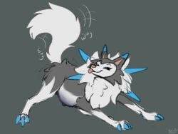 alternate_color belly big_belly canid canine canis female feral generation_7_pokemon hi_res lycanroc mammal midday_lycanroc multi_nipple nintendo nipples playful_pose pokemon pokemon_(species) pregnant pregnant_female pregnant_feral quadruped rock tail tail_motion tailwag wolf
