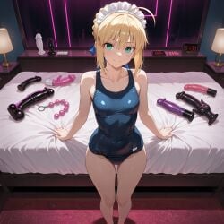 1girls ai_generated anal_beads bed dildo femdom happy maid saber school_swimsuit sitting solo standing