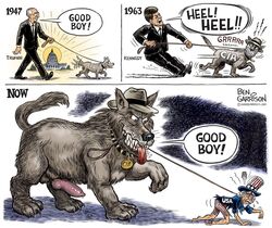 ben_garrison brown_fur canine clothing collar comic crawling domination english_text feral fur growth hat human knot leash male mammal penis political_cartoon politics size_difference spiked_collar spikes suit teeth text